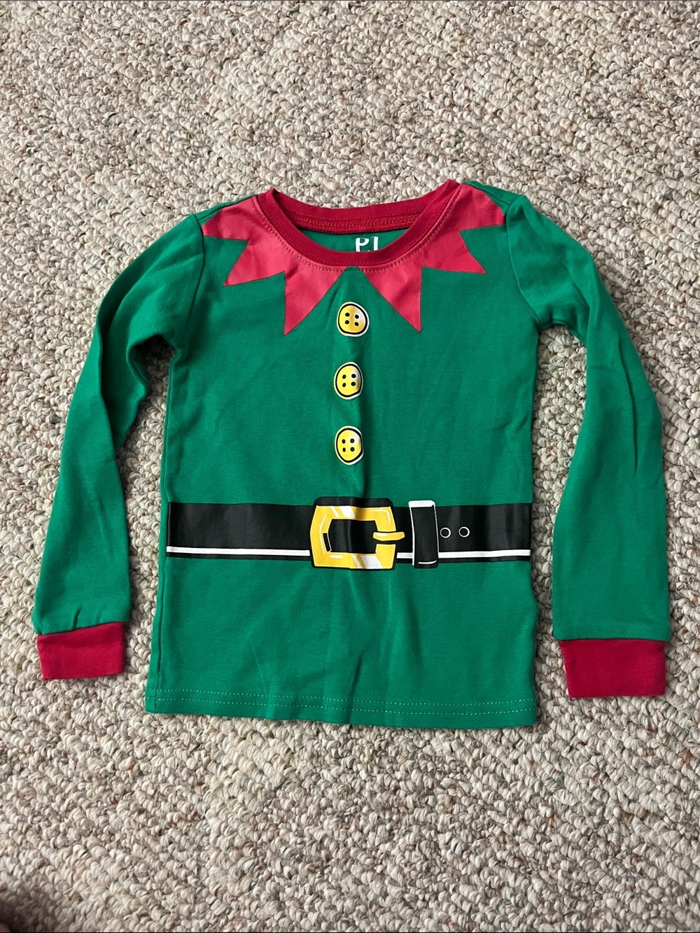 Green & Red Elf-Style PJ Top with Yellow Button Print